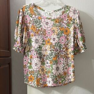 Kim & Cami Floral Eyelet Style Puff-Sleeve Women's Top - Pink/Orange/Green -Med